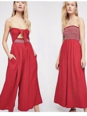 Free People Carmen Red Reversible Wide Leg Bohemian Jumpsuit